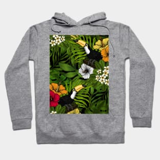 Toucans amd tropical flora, green, yellow, red and orange Hoodie